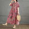 Retro Cotton and Linen Round Neck Short Sleeved Dress for Women, Loose A-line Skirt