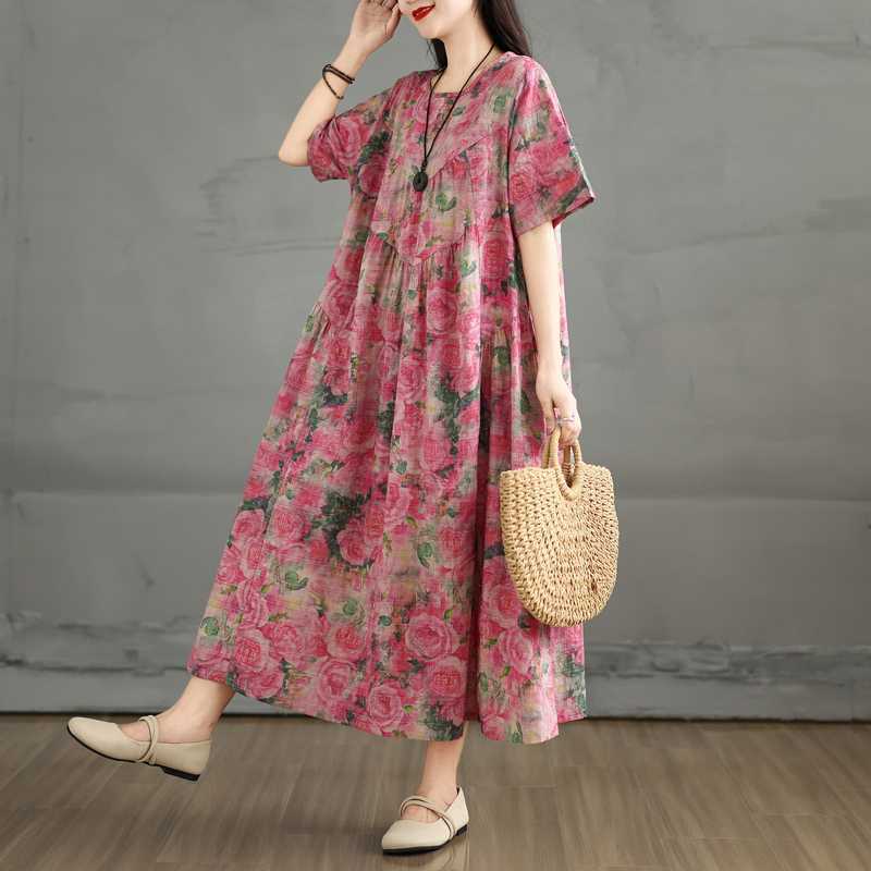 Retro Cotton and Linen Round Neck Short Sleeved Dress for Women, Loose A-line Skirt