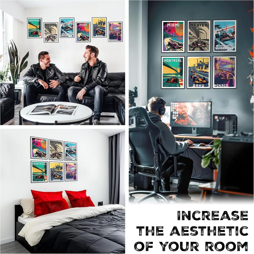 HK Studio F1 Race Car Posters Decor 8" X 11" Pack 6 - Dorm Decor, Vintage Room Decor Aesthetic, Teen Room Decor