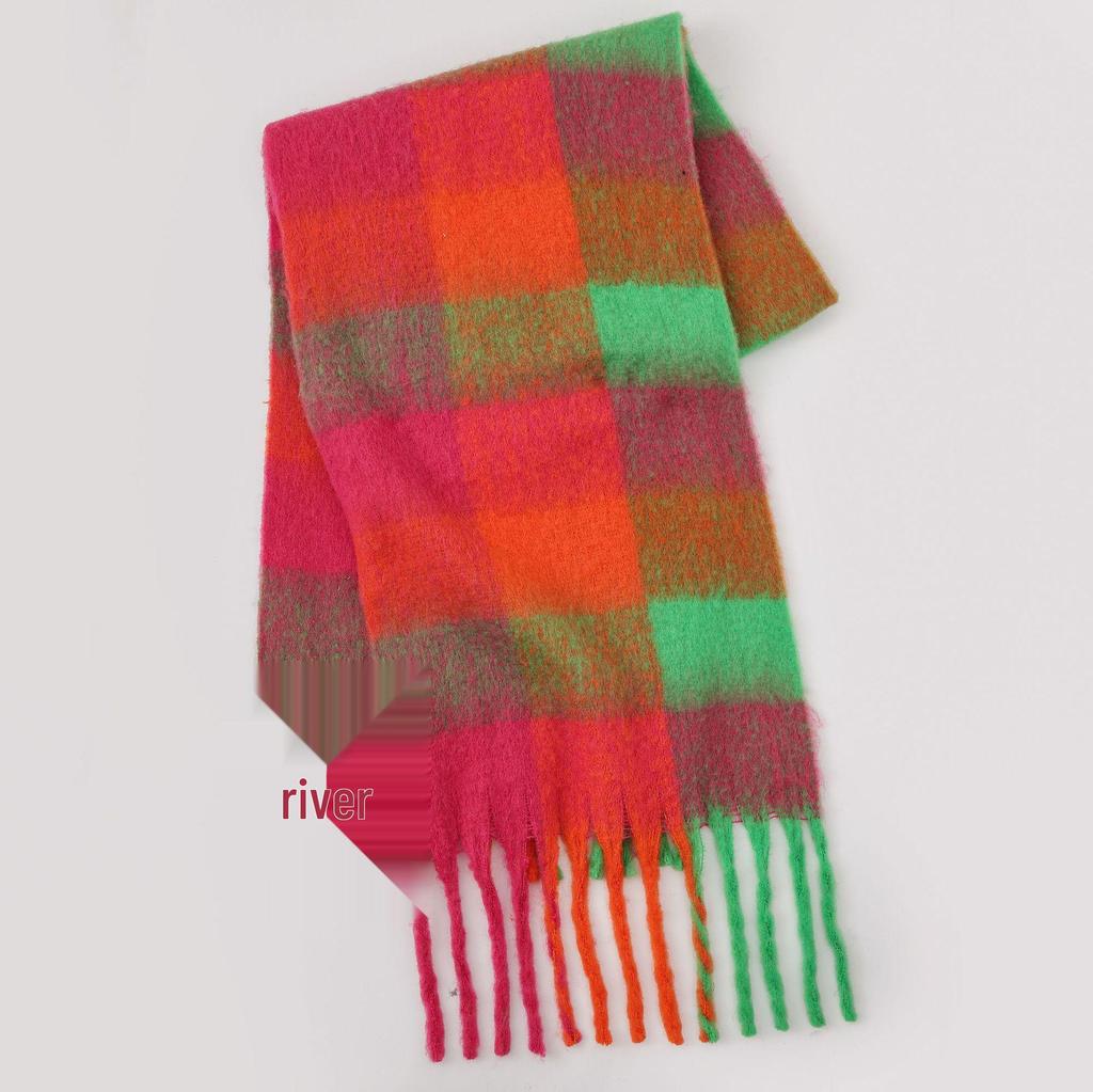 Women's High-Grade Colorful Plaid Mohair Scarf - Thick, Warm, and Versatile for Winter