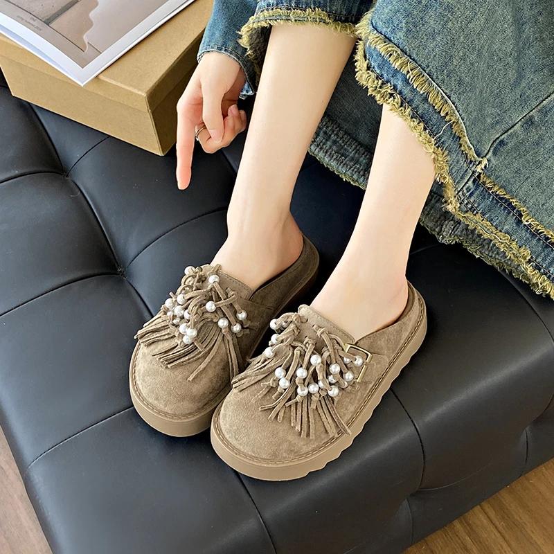 Women's Fashion Baotou Slippers Spring New Suede Round Head Deep Mouth Thick Anti-slip Wear-resistant Flat Shoes