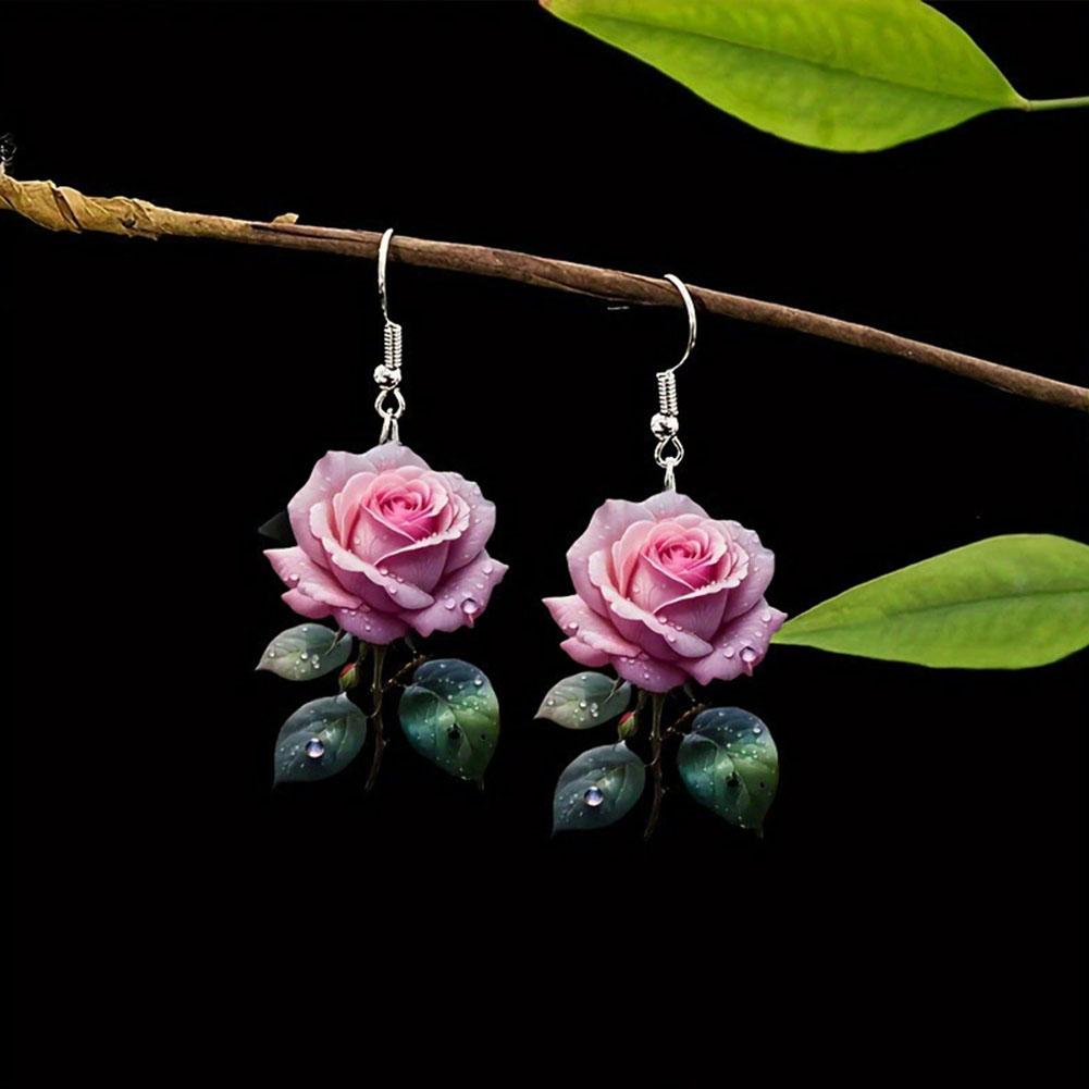 Fashion Acrylic 2D Flat Rose Earrings Romantic 2D Flat Rose Forest Flower Earrings Retro Art Style Earrings Jewelry Gifts