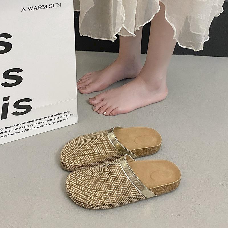 Fishnet woven hollow sandals summer new round head thick sole fisherman shoes bag head half slippers