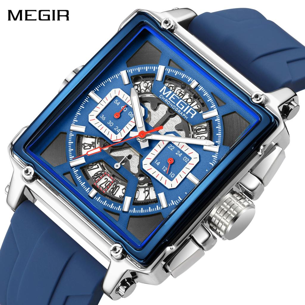 MEGIR Men's Square Chronograph Watch 3ATM Waterproof Quartz Sport Wristwatch for Men with Date & Stopwatch Relogio Masculino