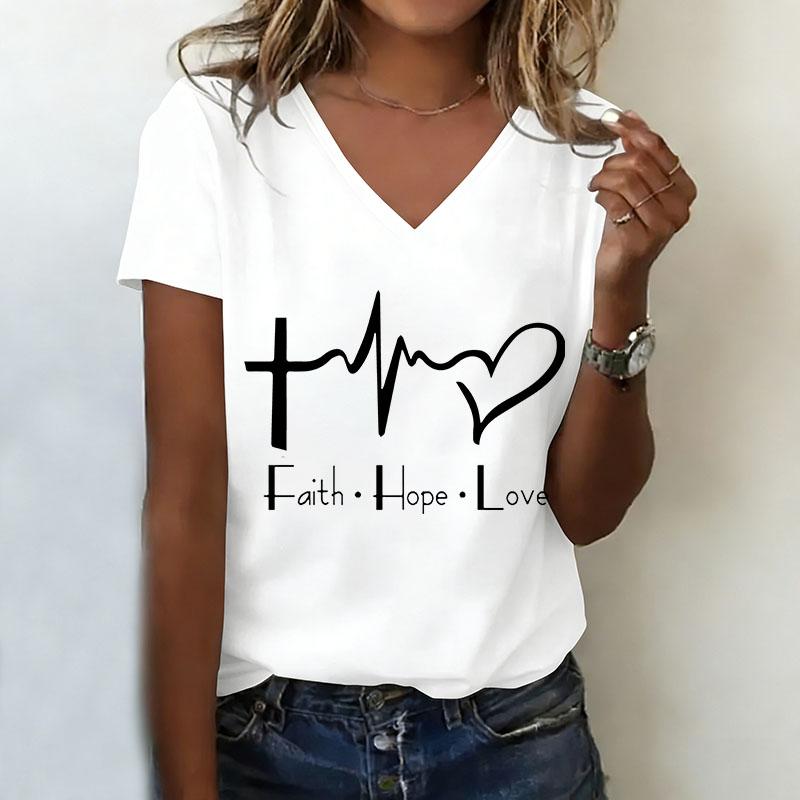 

T-shirt V Neck Casual Fashion Y2k FAITH HOPE LOVE Printed T Shirts Women Short Sleeve Tee Shirt V-Neck Summer Spring XL