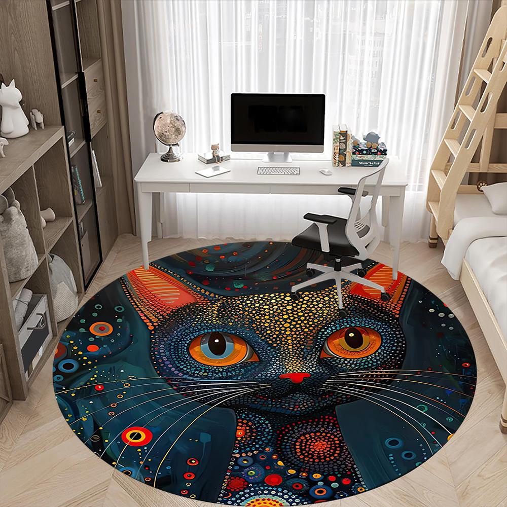 1PC Cat Abstract Office Round Area Rug, Indoor Mat Suitable ForOffice, Under Office Chairs Bedroom Living Room Home Decor, Room Deco, D011