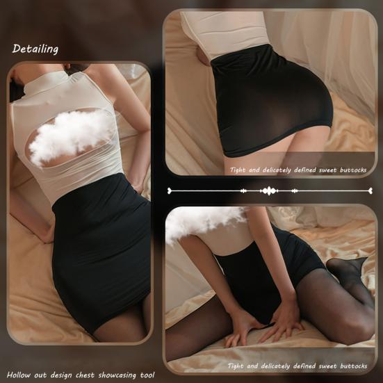 2Pcs/Set Women Nightdress with Pantyhose Hollow Chest Sleeveless Skinny Sheath Secretary Cosplay Uniform Club Dancing Mini
