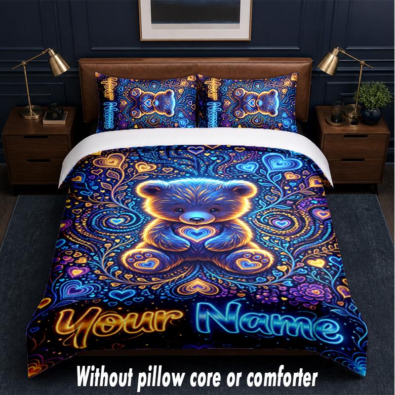 Teddy Bear Theme Custom Text Or Name 3Pcs Bedding Set,1 Flat Sheet & 2 Pillowcases Personalized Home Bedding