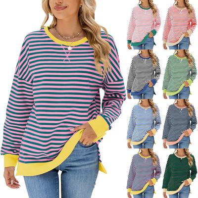 Elegante e moderno outono e inverno confortável gola redonda listrado emenda aberto solto manga comprida suéter jaqueta pulôver camisa moletom com capuz