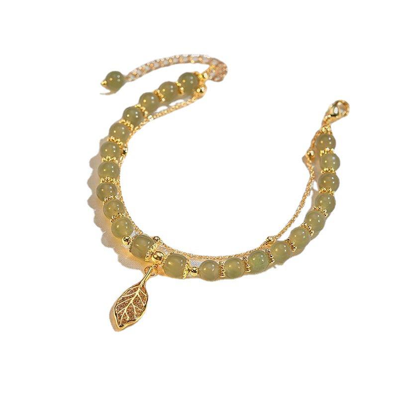 Goldener Zweig Jadeblatt Doppellagiges Armband - Frisches Sommer Luxusdesign für Frauen 2022
