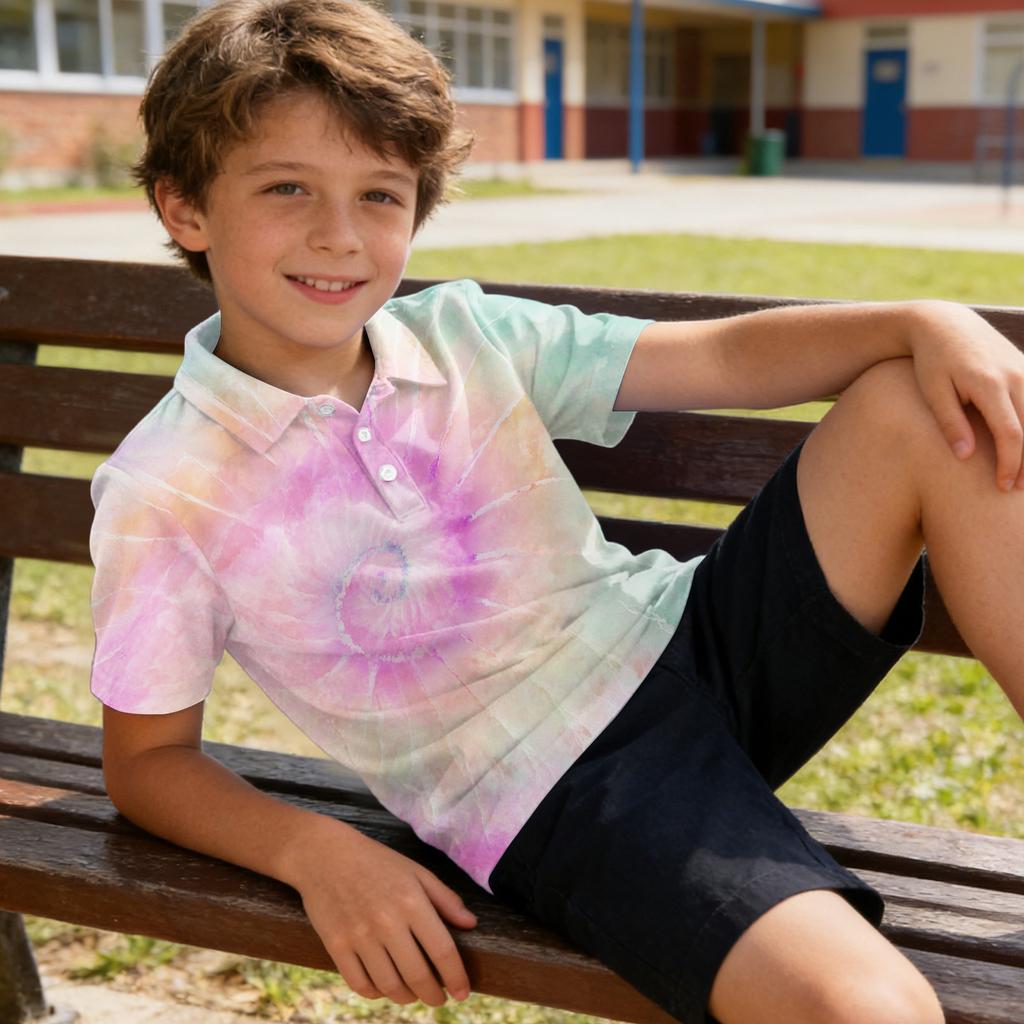 Kids Polo Shirt Short Sleeve Tie Dye Pattern Quick Dry Collared Top Lightweight Breathable Fabric Summer Casual Tee for Boys Girls