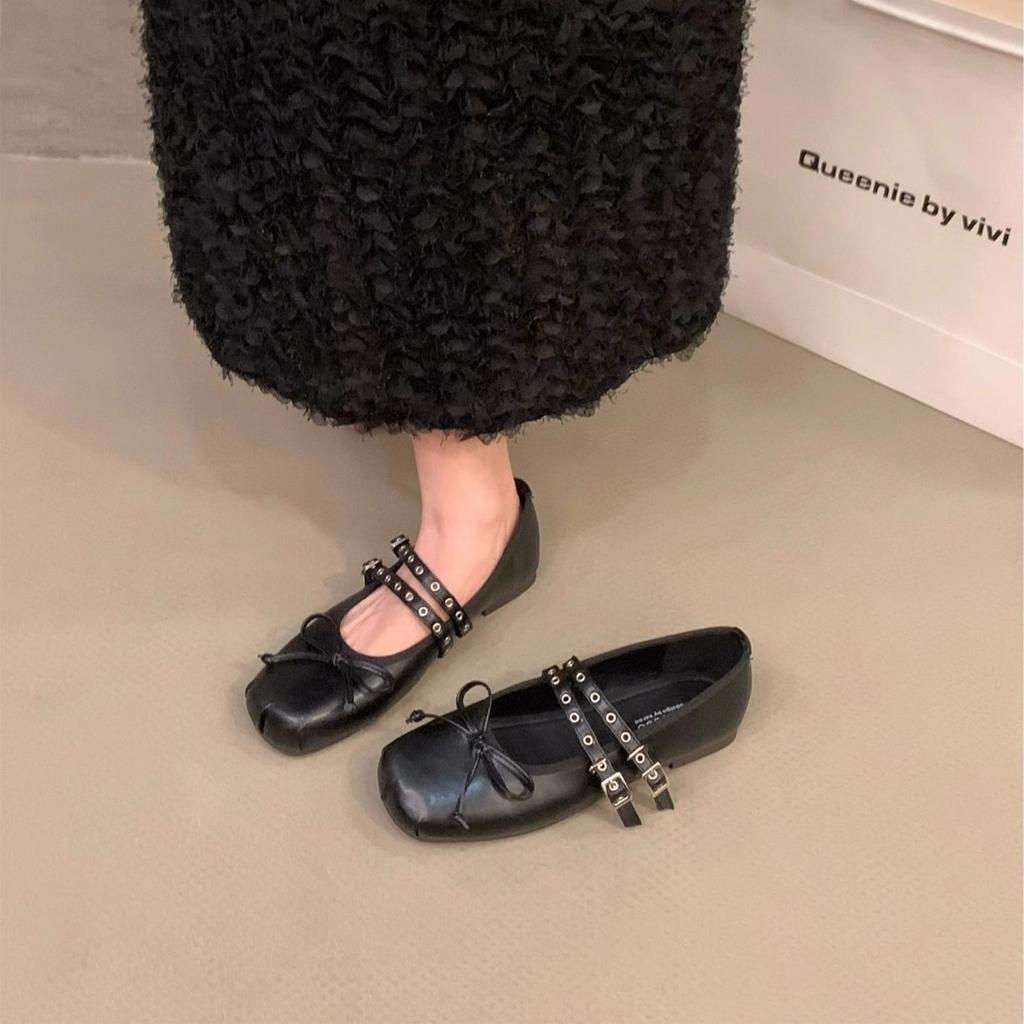 Retro Mary Jane Shoes Women's New Bow Buckle Belt Flat Bottom Inner Height Increase Single Shoes Ballet Leather Shoes
