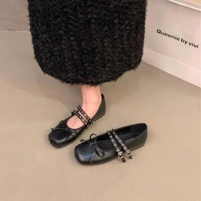 Retro Mary Jane Shoes Women's New Bow Buckle Belt Flat Bottom Inner Height Increase Single Shoes Ballet Leather Shoes