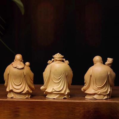 Natural Solid Wood Fu Lu Shou- Characters Statue Wooden Hand-Carved Home Room Office Fortune Decoration Statue Three-piece Set
