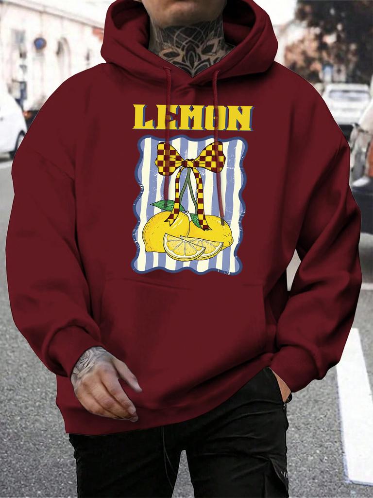 Creative Lemon Fruit Bow Print Men Hoodies Multicolor Pocket Hoodie Fleece Autumn Male Clothing Casual All-Match Streetwear