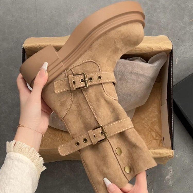 Stivali Lunghi da Donna Moda con Plateau Aumenta Altezza Outdoor Stivali da Cavaliere Primavera Autunno Nuovi Retro Fibbia Cinture Scarpe da Donna