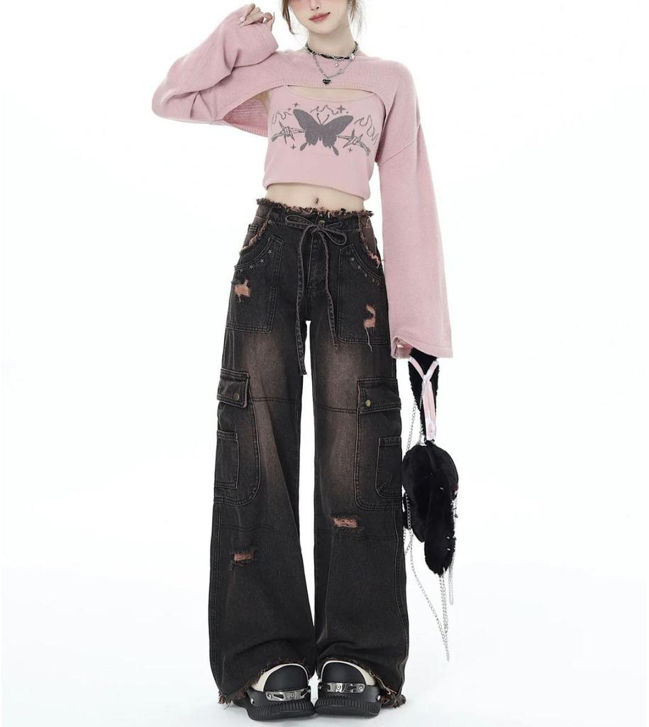 Women's High Waist Retro Frayed Jeans - Spring/Autumn 2025 Wide Leg, Floor-Length