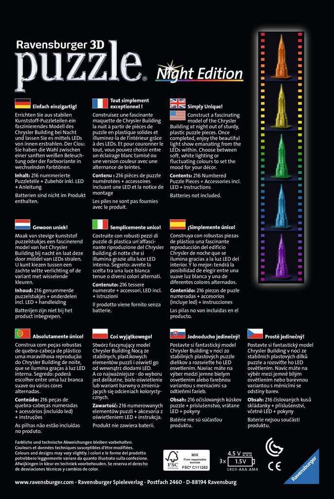 Ravensburger 3D Puzzle Chrysler Building Night Edition, 216 Pieces, Finished Size: 16.5" (41cm) High, 12595 1, Ages 8+ [Puzzle, 3D Puzzle, Gift