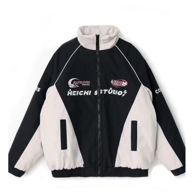 Unisex Retro Color Block Stand Collar Motorcycle Jacket - Trendy and Loose for Spring/Autumn