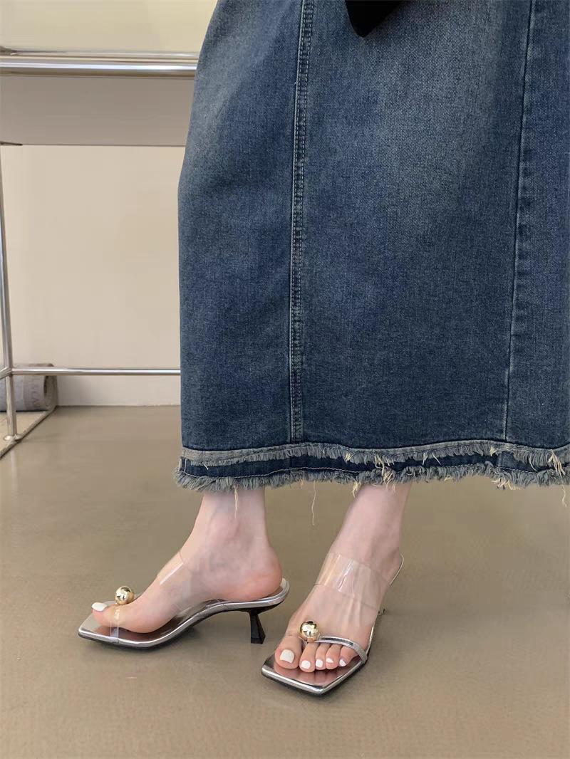 

2025 лето новые сандалии интернет-знаменитости с закрытым носком на высоком каблуке с металлическим шариком универсальные прозрачные шлепанцы-стилет на одном ремешке 35 серебряный