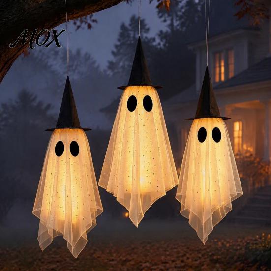 Beleuchtete schwebende Geister für den Außenbereich 3 Stück Halloween Hängende Geister Dekoration, Gruselige Grobmaschige Wiederverwendbare Stoff Dekoration mit Hexenhut Veranda,