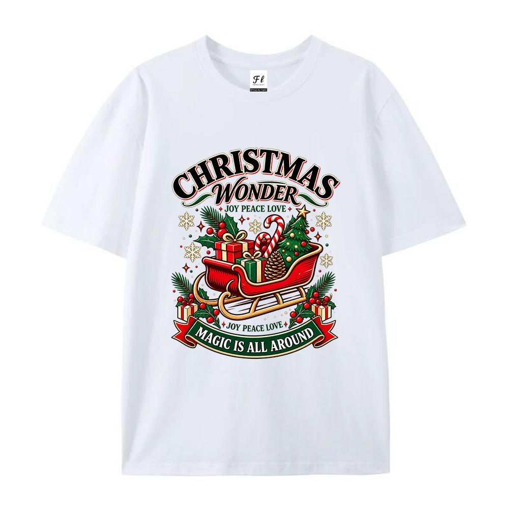 Women's Christmas Wonderland Graphic T Shirt Santa Sleigh Tree Gift Print Casual Short Sleeve Crew Neck Holiday Tee