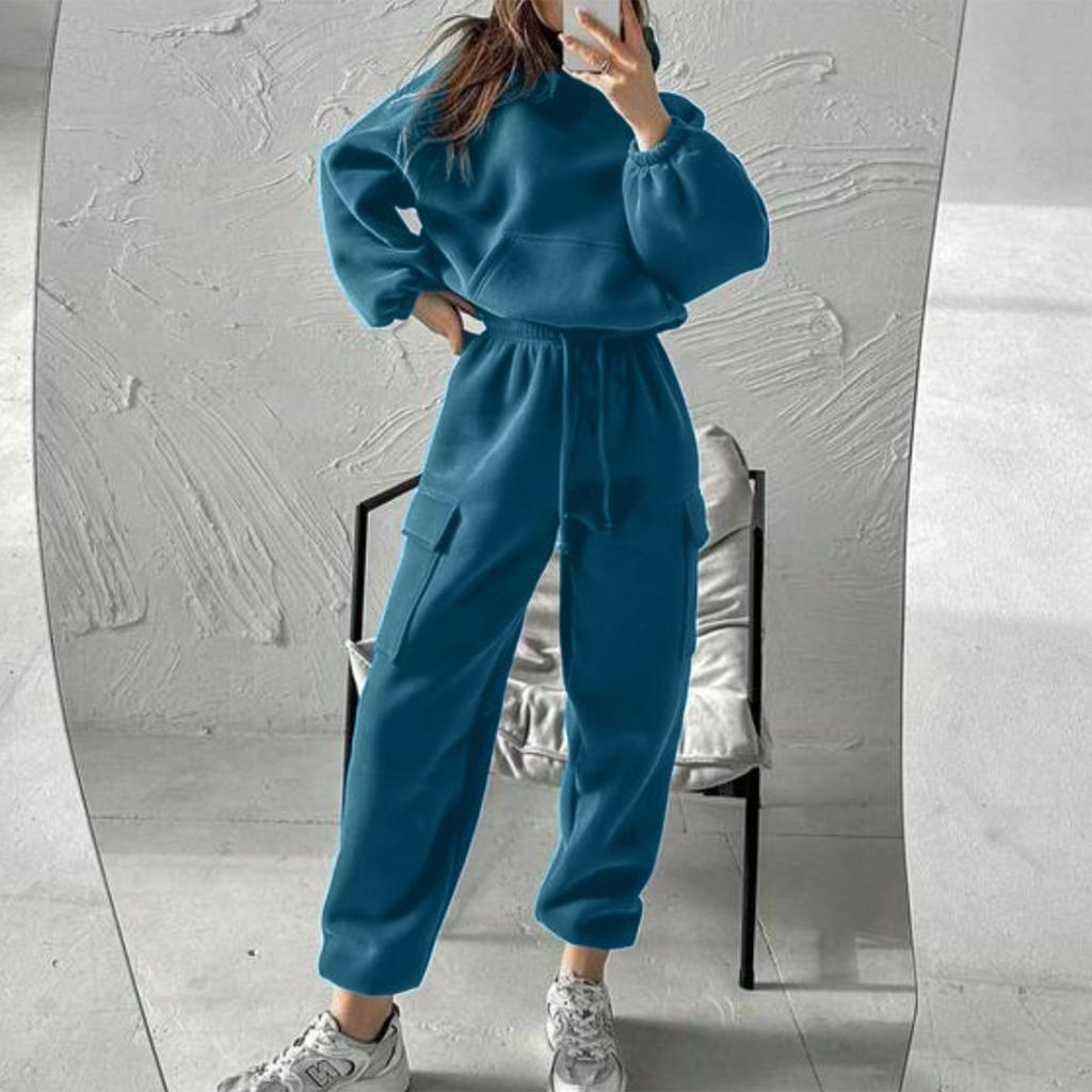 Women's Fashion Pullover Hooded Sports Casual Long Sleeve Solid Color Sweatshirt Set