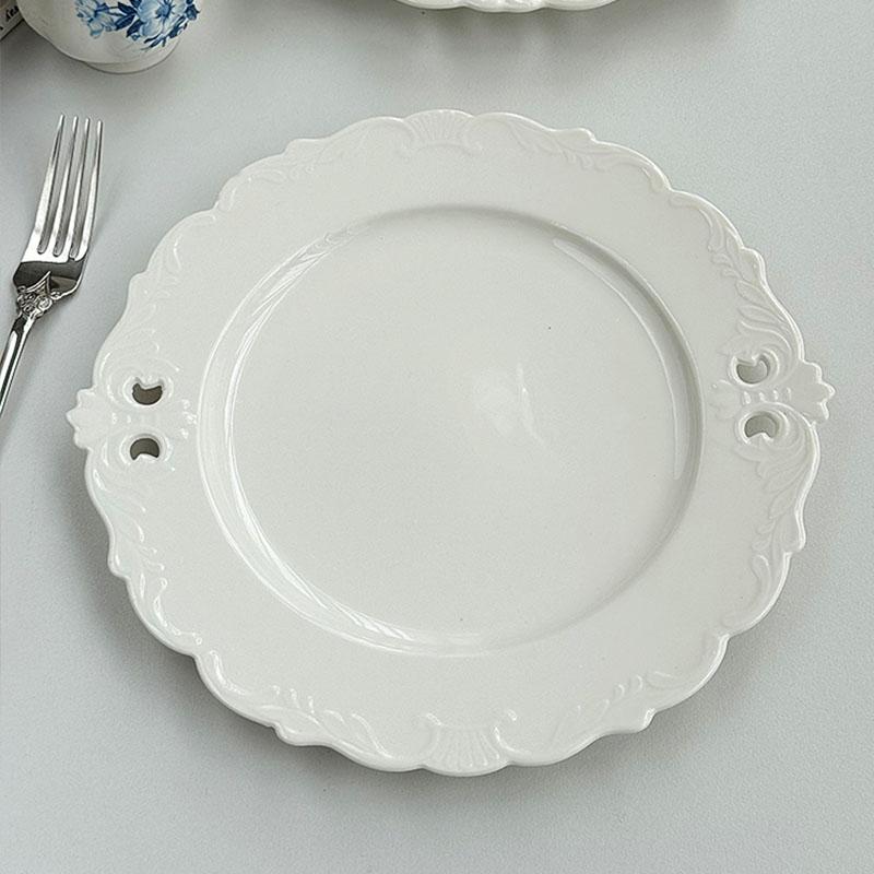 French Hollow Out Relief Dish 10 Inch Ceramic Exquisite Flower Shape Kitchen Tableware White Retro High Aesthetic Creative Plate