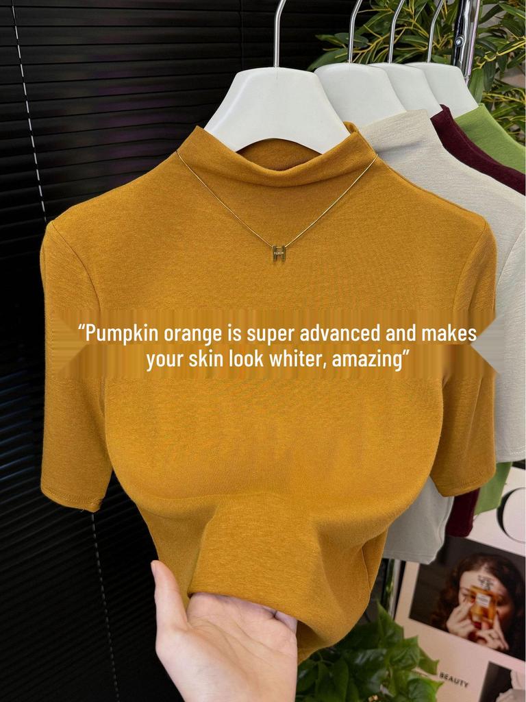 Women's Black Ribbed Three-Quarter Sleeve Slim-Fit Half-High Neck T-Shirt for Spring/Autumn 2025