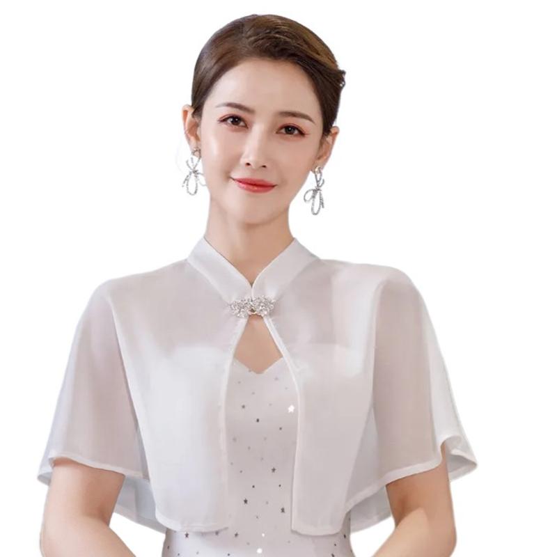 

Шифоновий шарф-накидка з ґудзиками для жінок, накидка Cheongsam, вечірній аксесуар на шию, комір-шарф для офіційної сукні білий
