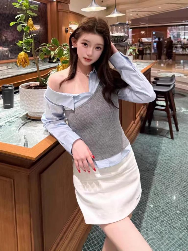 Nanyou Family Edition: Early Spring Off-the-Shoulder Shirt & Knit Vest Layered Two-Piece Set