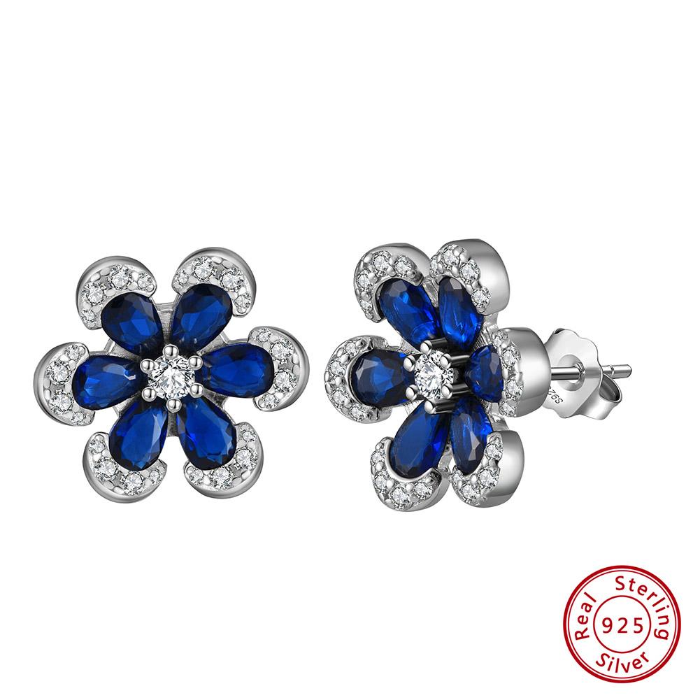 EFFIE QUEEN Blue Sapphire Flower Stud Earrings for Women Full Diamond Sparkling Zircon Wedding Jewelry Pure 925 Silver LZE21