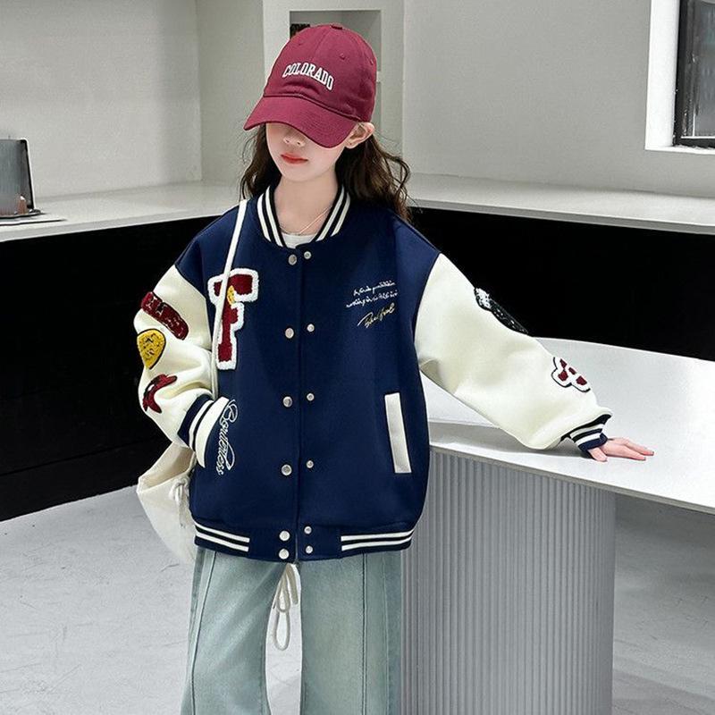 Trendiger Herbstlicher Colorblock Kinder Baseball Cardigan - Koreanische Mode College Stil Jacke für Mädchen