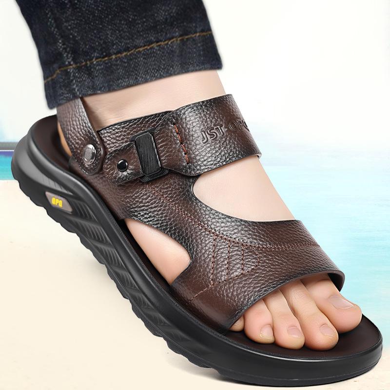 

Пляжная обувь из коровьей кожи первого слоя, мужская, из натуральной кожи, летняя новинка, уличные нескользящие прохладные шлепанцы, мужские сандалии с мягкой подошвой для вождения, мужские 44