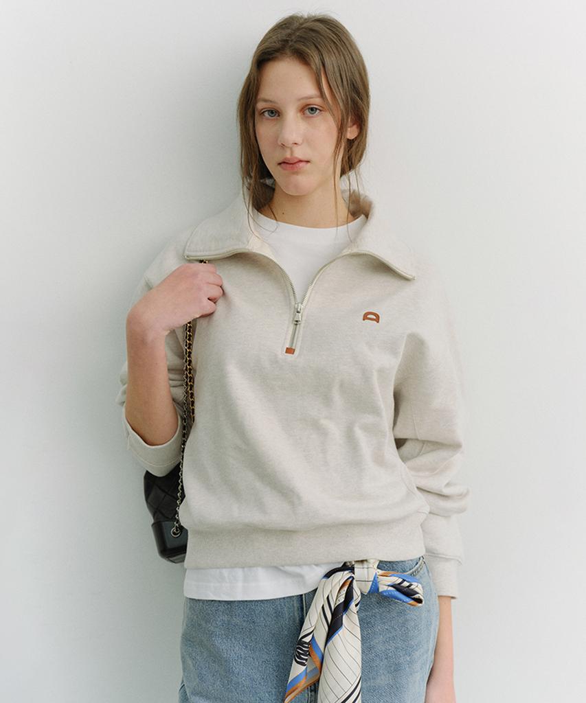 Deonseuteu Unisex Leather Logo Half Zip-Up Sweatshirt_Udts6A107_Oatmeal Melange