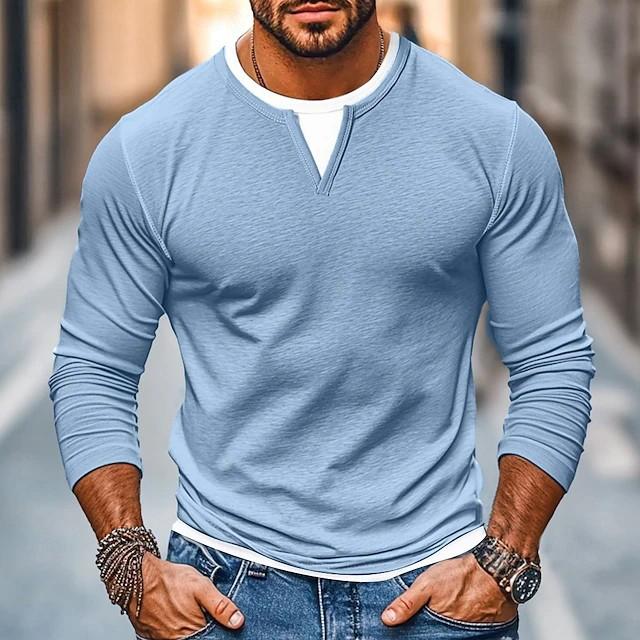 Men's T-Shirt Fake Two-Piece Double Layer V-Neck Autumn Winter Fashion Patchwork Plus Size Base Shirt Men's Long Sleeve T-Shirt