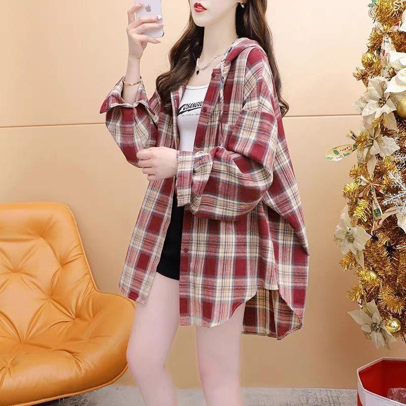 Autunno Cotone Lino Abbottonato con Cappuccio Plaid Blusa Taglia Forte Artistica Camicia a Maniche Lunghe Top per Donna