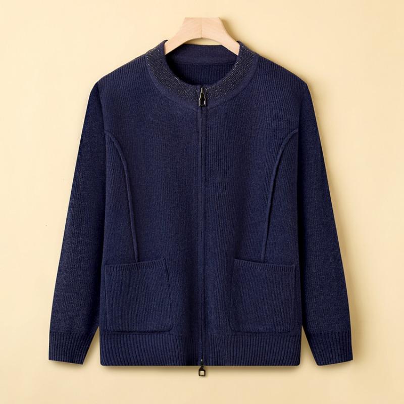 

Новая одежда для женщин среднего и пожилого возраста, благородная утолщенная куртка-свитер, осенняя одежда для мамы среднего возраста, вязаная одежда 5XL темно-синий