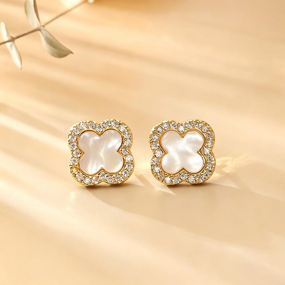 Best-Selling Mother-of-Pearl & Zircon Four-Leaf Clover Earrings - Elegant Luxury Fashion Jewelry