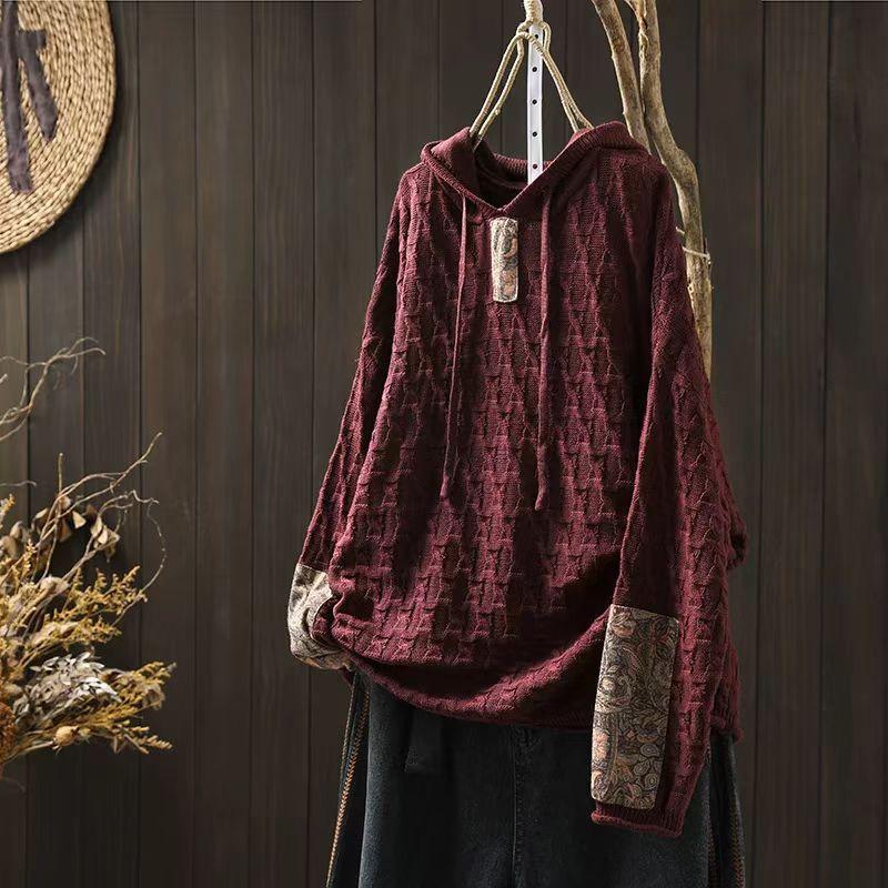Johnature Woman Winter Drawstring Hooded Casual Long Sleeves Sweater Loose Vintage Style Color Blocking Sweater
