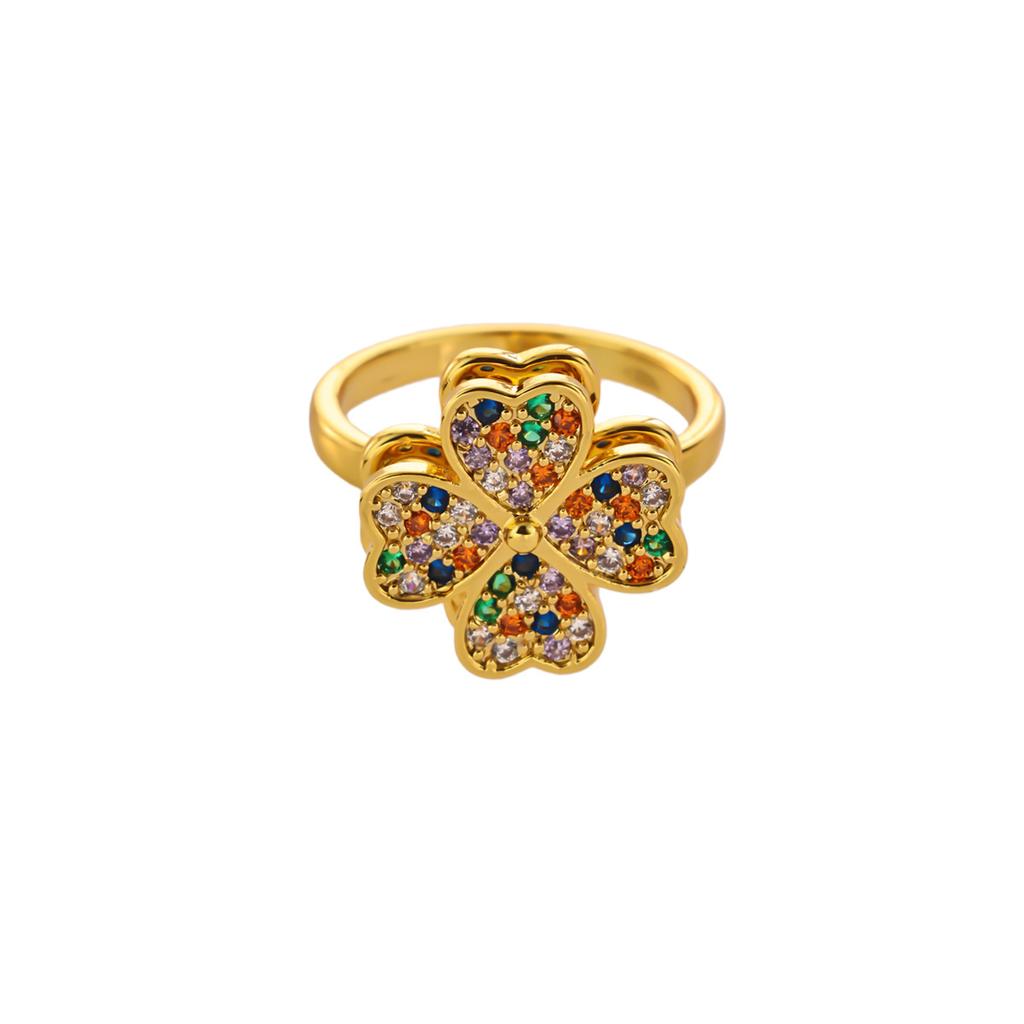 18K Gold Plated Offener Ring Drehbar Vierblättriges Kleeblatt Eingelegt Farbe Zirkon Damenschmuck