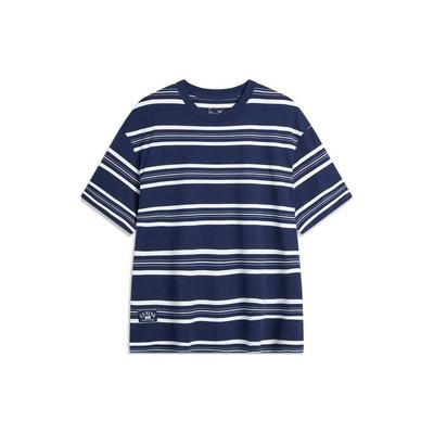Li Ning Minimalist Versatile Striped Drop Shoulder Round Neck Cotton Summer Short Sleeve T-Shirt Unisex Tops Deep-Navy AHSU655-2