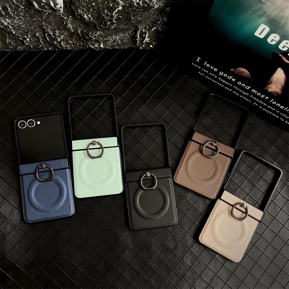 PU Leather Phone Case For Samsung Z Flip 7 FE 6 5 4 3 Flip6 Flip5 Flip4 Flip7 5G 360 Rotating Magnetic Ring HolderBack Cover