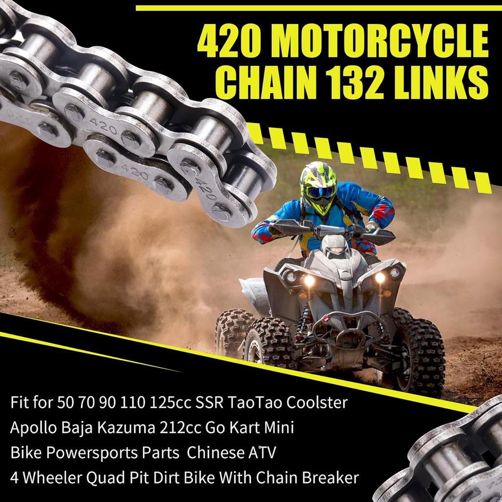 420 Motorcycle Chain 132 Links fit for 50 70 90 110 125cc SSR TaoTao Coolster Apollo Baja 212cc Go Kart Mini Bike Powersports Parts Chinese ATV 4