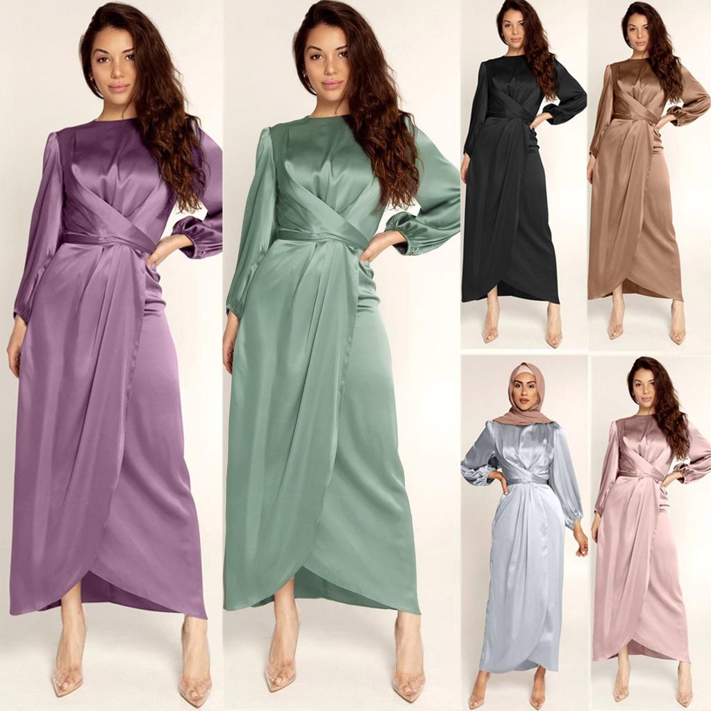 Women's Fashion Solid Color  Long Sleeve Satin Soft Waist And  Dress