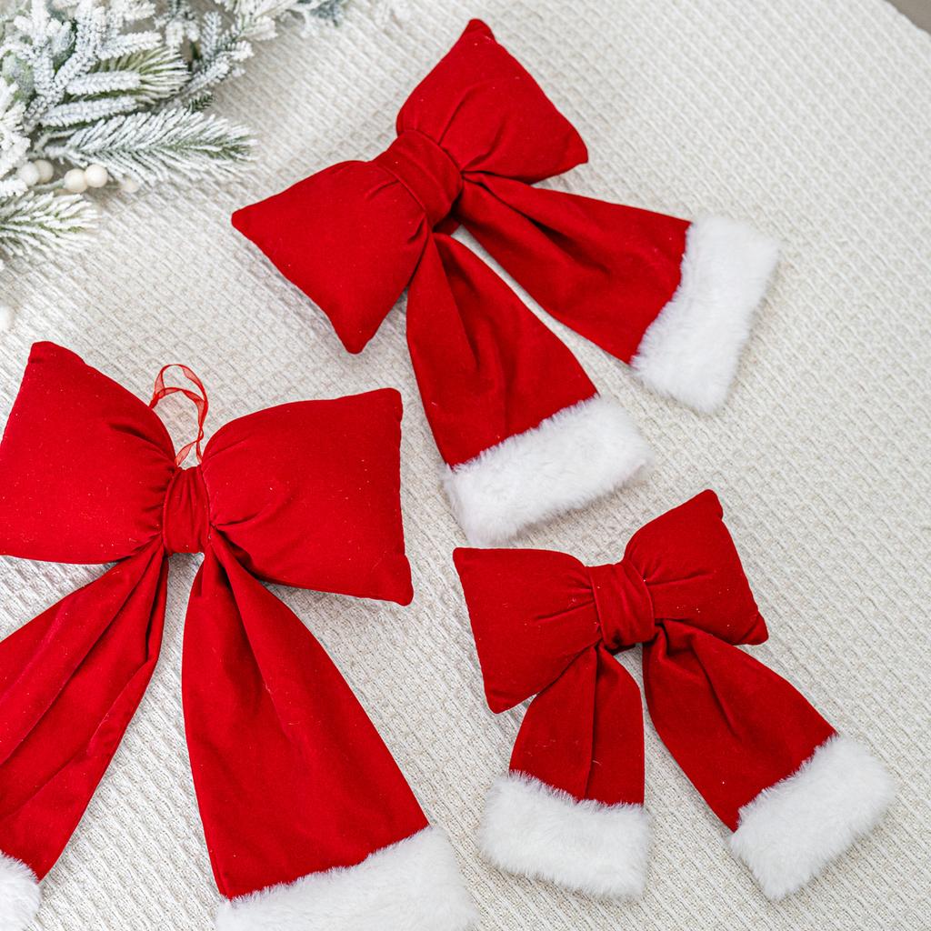 Christmas red velvet large bow decoration, creative three-dimensional flocking bow Christmas tree pendant