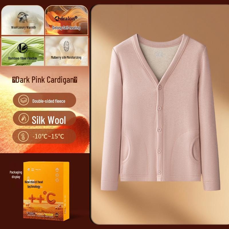 Damski kardigan z jedwabnej wełny z podszewką z polaru – Ciepły, gruby, bezrękawnik z długim rękawem na jesień/zimę na zewnątrz