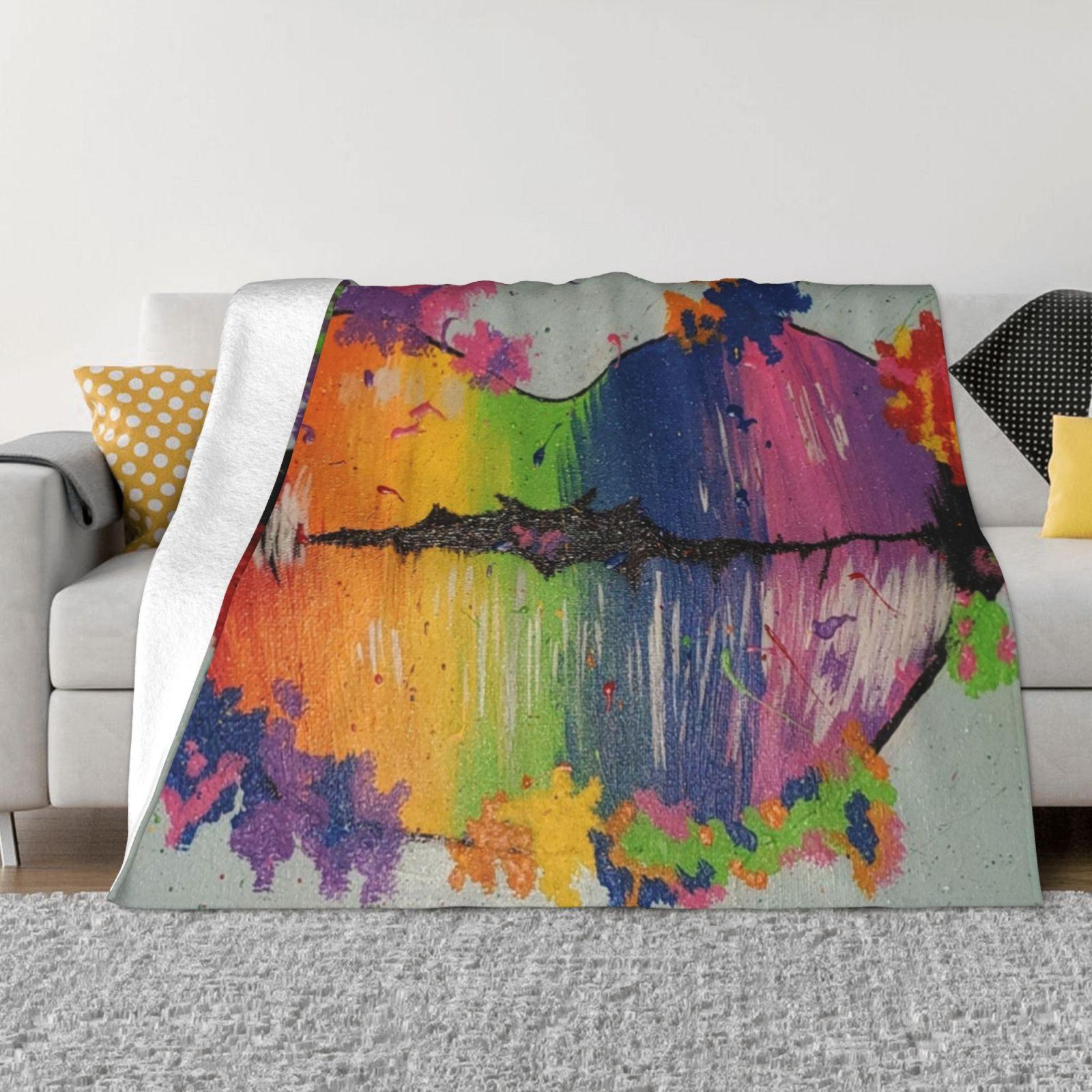 Rainbow Lips Fashion Soft Warm Flannel Blanket Lgbtqia Rainbow Lips Red Yellow Blue Pink Purple White Orange Green 30x40in