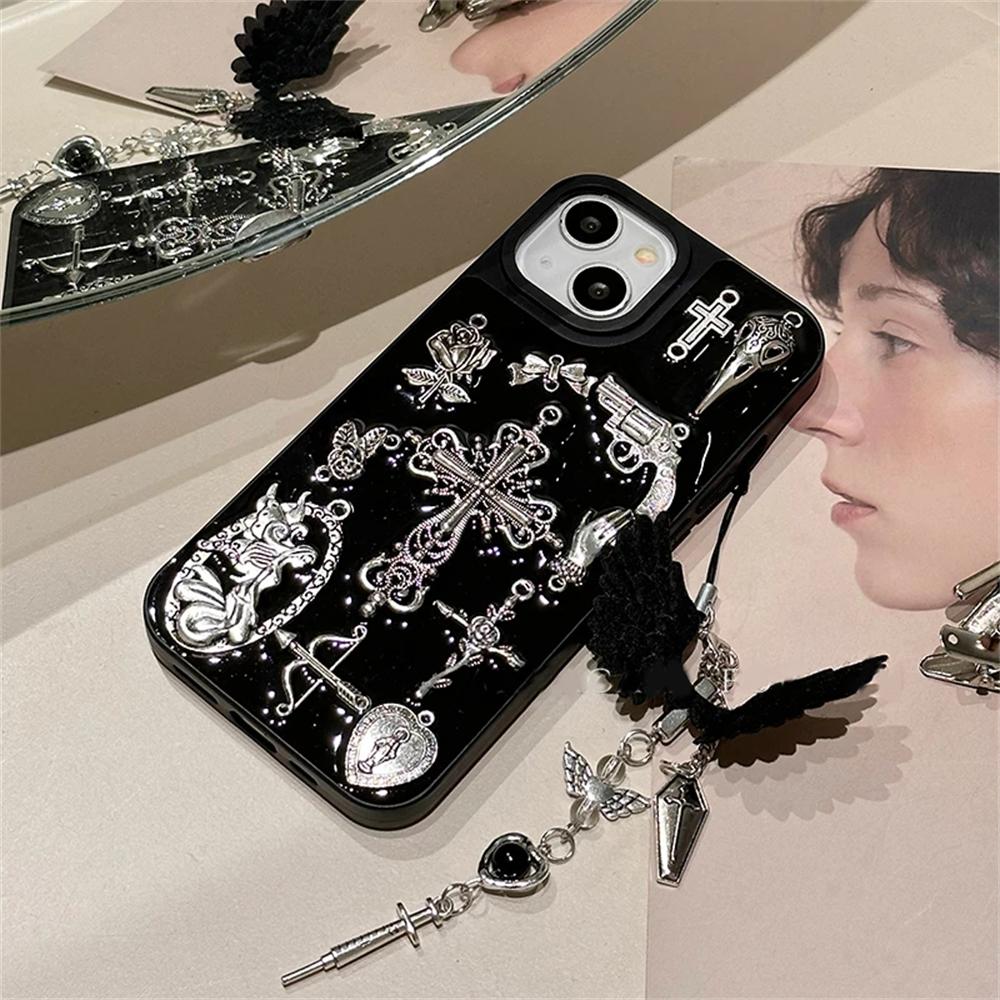 Carcasă Telefon Cool Y2k Metalică Creativă cu Cruce și Cupidon Pentru iPhone 17 Air 16 15 14 13 12 11 Pro Max Husa Estetică Pandantiv Aripi