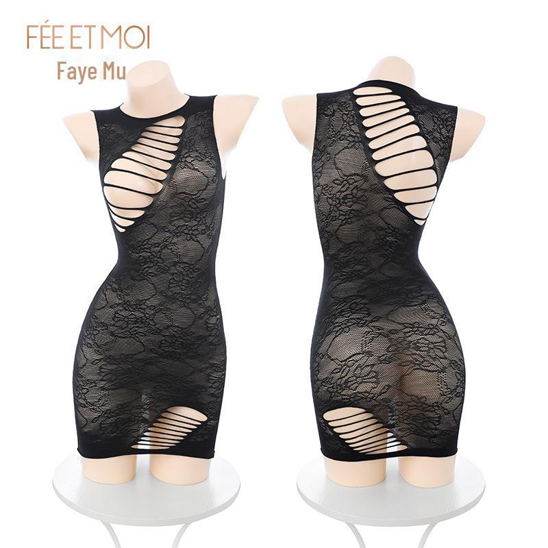 "Feimu Sexy Jacquard Mesh Dress with Exposed Chest Design, Hollow Perspective Style"